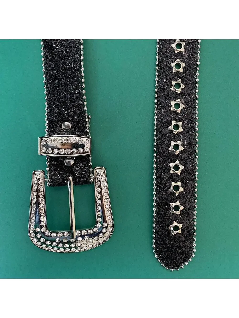Rhinestone Studded Black and Silver 2-Tone belt. Cool grunge/punk style. High